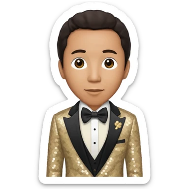 Smokey Robinson with dark brown hair, beige sequin suit with bow tie sticker