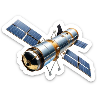  Cinematic Realistic Hubble Space Telescope – A majestic, ultra-detailed rendering of the Hubble Telescope floating above Earth. Its reflective metallic surface and vast solar panels stretch into the darkness, while the lens is pointed outward, capturing the mysteries of the cosmos. sticker