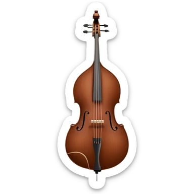 Create an elegant and detailed emoji representing a Gliga Gama double bass with bow. The design should showcase the large, sleek body of the double bass with its rich wood finish, including the characteristic curves and deep tone holes. The bow should be elegantly positioned next to the instrument, highlighting the hair and smooth wooden stick. Use warm wood tones like chestnut brown for the body of the bass, silver accents for the fittings, and dark brown for the bow. Add subtle musical notes or sound waves flowing from the bass to represent its deep, resonant sound. The background should be transparent. sticker