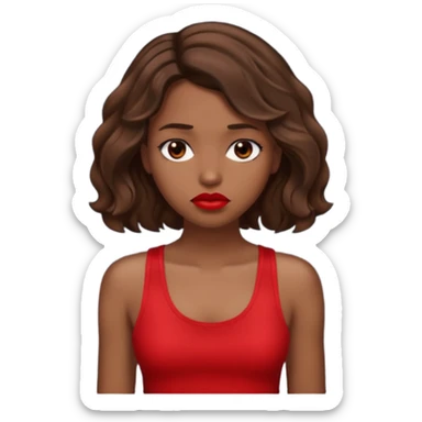 generate a pretty tan bratz girl with brown wavy hair long wearing a red tank top, red lipstick. Looking sad sticker