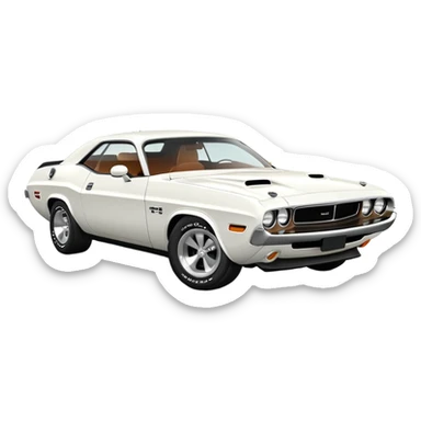 Accurate white 1971 Dodge Challenger, precise 30-degree three-quarter view, maintaining proper proportions and structure, detailed front grille and headlights, all-white exterior, iOS emoji style sticker