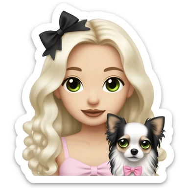 pale blonde girl with long platinum white wavy hair with bright green eyes and wearing a light pink hair bow holding a black and white long haired chihuahua puppy also wearing a hair bow sticker
