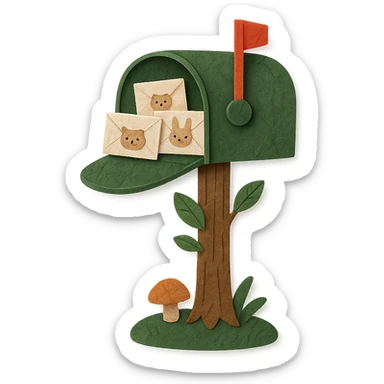 forest mailbox with tiny animal letters, cozy woodland theme, crafted from paper textures, delicate and charming sticker