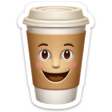 one all white coffee take away cup with coffee, no lid,  and a small brown smiling mouth in the middle front. No eyes, no cheeks, no nose, only a small smiling mouth sticker