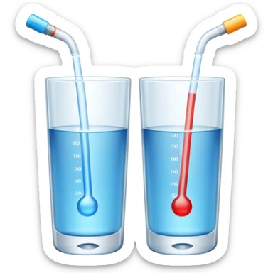 3D illustration of two glasses of water — one cold, one hot, with a thermometer inside each. Particles dissolving faster in hot water, slower in cold. Minimalist, clean, bright, modern 3D icon style. sticker