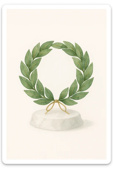 A laurel wreath made of fresh or natural-looking laurel leaves, neatly woven into a circle. The leaves are glossy, rich green, with golden veins. The wreath is adorned with a thin golden ribbon tied in a bow at the back. The wreath is placed on a white marble pedestal or cushion. sticker