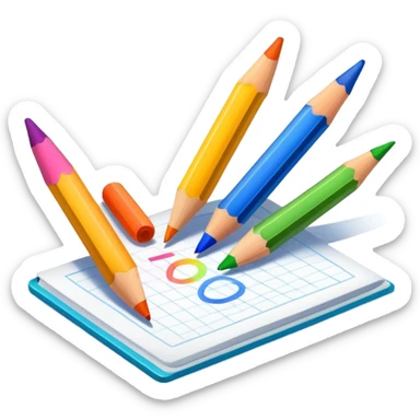 colorful drawing on paper with crayons and pencils nearby, fun and inviting sticker