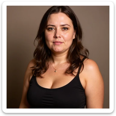 Hyperrealistic vertical portrait inspired by the reference photo: a woman with significant cellulite, visible face showing a desperate and tired expression, identical pose to the photo, extremely detailed skin with realistic texture, natural shadows, neutral background, vertical composition. sticker