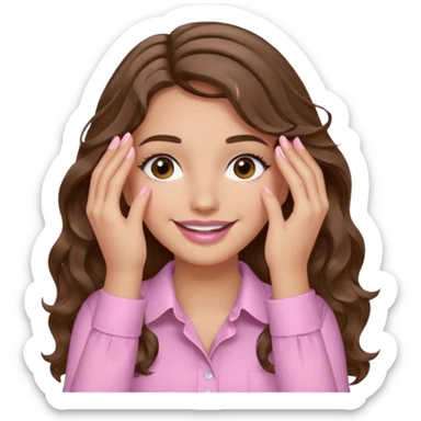 girl with wavy long brown hair, brown eyes, light to medium complexion, long lashes, light pink lipstick, wearing light pink shirt, smiling, hands covering over the eyes sticker