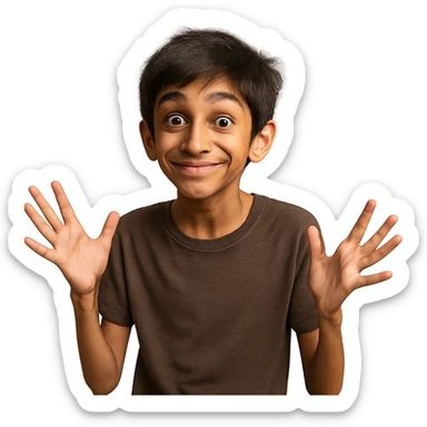 skinny Pakistani boy with expressive eyes and a cheeky smile, trying to be funny sticker