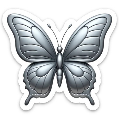 Liquid metal butterfly emoji, silver chrome material, iOS emoji style, smooth curves, reflective surface, elegant and minimal, white background sticker