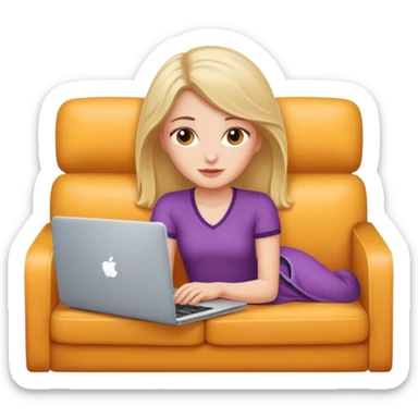 A white girl is lying on a sofa with a laptop sticker