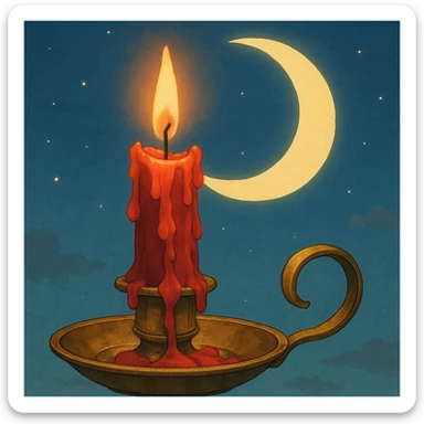 ghibli style dripping red candle in a gold holder with a crescent moon in the background sticker