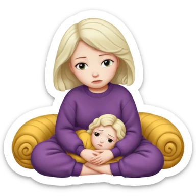woman sitting curled up, sad face sticker