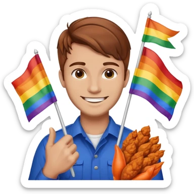 Guy with brown hair holding buffalo chicken and a gay pride flag sticker