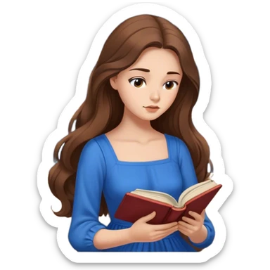 Cinematic Elegant Belle Portrait Emoji, Sitting with an open book, eyes dreamy with thought, her iconic blue village dress draped gracefully, exuding intelligence, kindness, and timeless charm! sticker