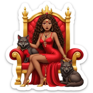 Lilith symbol seductress evil brown curly long hair haired, sexy succubus woman with red and black Chanel dress sitting on a Black and gold throne. A large black wolf laying beside he sticker