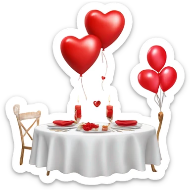 Red romantic party setting for two people and heart balloon  table with white cloth and candle with bows on the table photo Realistic  sticker
