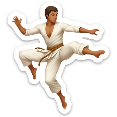 A capoeira fighter in mid-air performing a spinning kick, wearing traditional white capoeira pants and a cord, vibrant and flowing pose, surrounded by motion swirls sticker