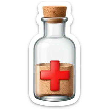 A glass medicine bottle with a cork top and red cross label sticker