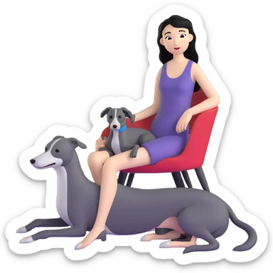 Very thin Chinese woman with long black hair relaxing in a luxurious hotel suite with exactly ONE whippet dog. EXTREME IMPORTANCE: the whippet must be ONE SOLID VERY DARK CHARCOAL GREY COLOR from nose to tail with ABSOLUTELY NO WHITE MARKINGS anywhere - NO white on face, NO white on muzzle, NO white on chest, NO white on paws, NO white on tail - NOTHING BUT A SINGLE SHADE OF VERY DARK GREY throughout the entire animal sticker