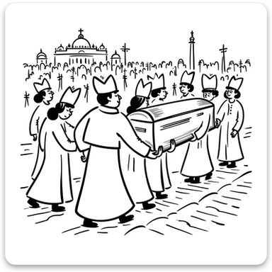 A respectful drawing of a papal funeral procession at Vatican City with cardinals, the papal coffin, and St. Peter's Square filled with mourners sticker