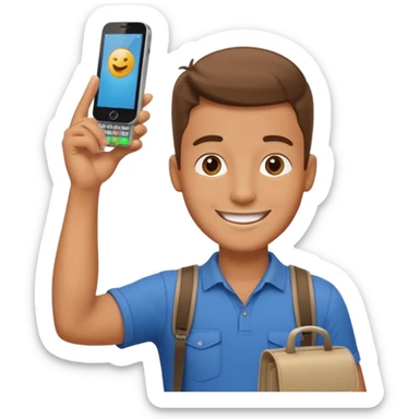Draw a male tourist who pointed his phone to scan a QR code at a POS terminal. In the style of an Apple emoji sticker
