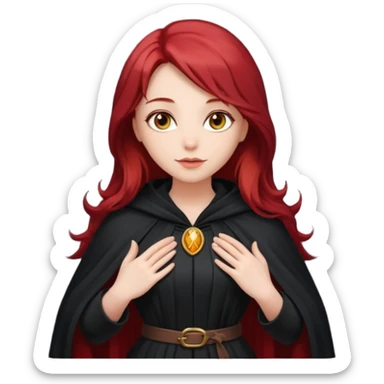 a beautiful woman with long red hair reaching her waist, hazel eyes, and wearing a black cloak sticker