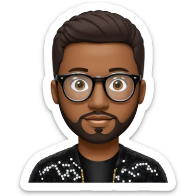 Nathan Morris (b.1971) from Boyz II Men with dark brown hair and short beard, black sequin outfit, glasses sticker