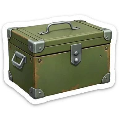 closed military box, simple shape, green or brown color, hint of military purpose sticker