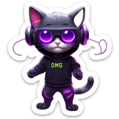 funny cat wearing a black hoodie with "OMG" letters on it and VR headset in a cyberpunk VR environment with violet neon lighting. sticker