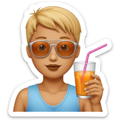 Sun is wearing sunglasses and drinking juice with stra sticker