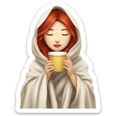 asian girl inside a blanket sipping coffee eyes closed red hair sticker