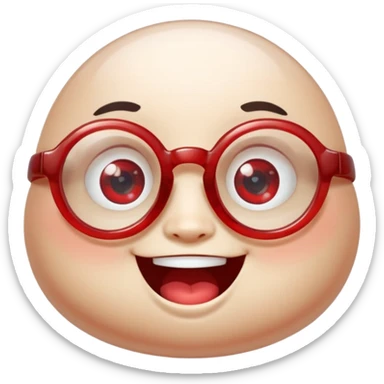 A single chubby crystal gemstone character wearing cute round glasses, chunky and irregular with faceted sides (not egg-shaped), [red], big glossy eyes behind the glasses and a wide happy smile, , high detail, soft lighting, centered on a plain dark background sticker