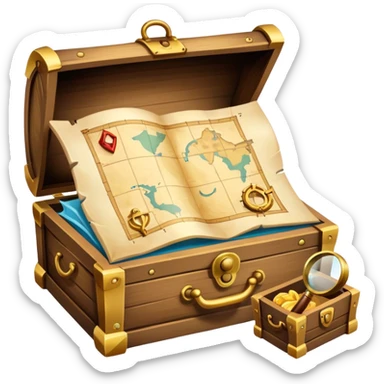An icon depicting a treasure map with an open chest, surrounded by clues and mysterious symbols. A magnifying glass hovers over the map, symbolizing the thrill of discovery and adventure. Set on a transparent background, it should evoke the excitement of solving puzzles and exploring new worlds. sticker