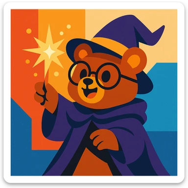 a cute bear witch hybrid, with glasses and a cloak, casting a spell, cartoon style sticker