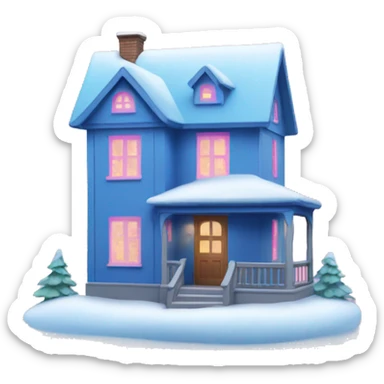 Blue house with pink windows and snow sticker