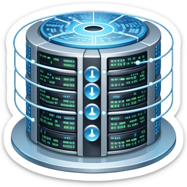 An icon featuring stacked server disks, a digital network grid, and binary code, symbolizing databases. The design includes data flow arrows, representing storage, organization, and retrieval of information. Transparent background highlights data-driven technologies. sticker