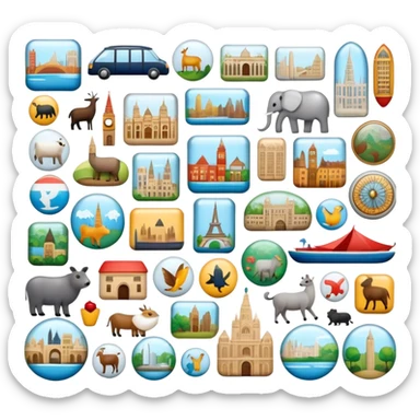 Icon for Magnet Collecting: a close-up of a fridge door covered with a variety of magnets, featuring cities, animals, symbols. The icon should highlight the diversity and charm of magnet collections. Transparent background. sticker