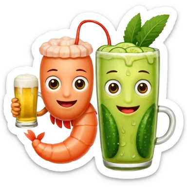 Create a modern emoji-style illustration of two shrimp characters, friendly and cool, slightly cartoon but stylish, not childish.
They are toasting (‘salud’), one shrimp holding a beer mug with aguachile topping, the other holding a fresh aguachile bowl with cucumber and chili.
  sticker