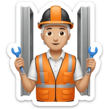 Guy with white head protection with ear noise canceller and orange vest With spanner. On his side carrying side panels for the white server racks sticker