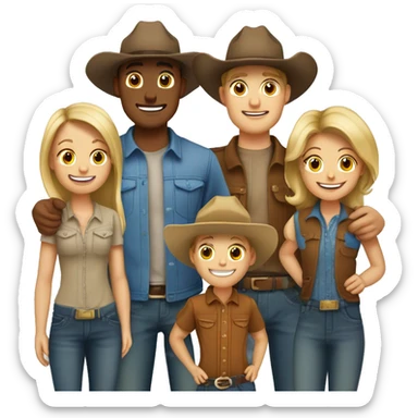 Family of five, all with cowgirl hats on, 2 blonde teenagers, 1 light brown haired mom, 1 little boy with brown hair and a brown hair dad sticker