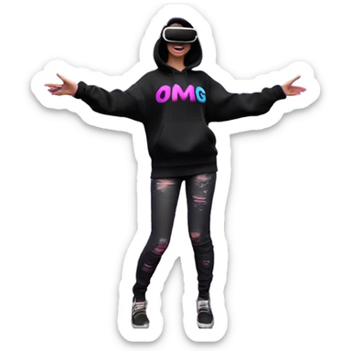 Russian girl wearing black hoody with violet letters "OMG", in vr headset oculus quest2. Dancing. Cyberpunk style. Violet neon. sticker