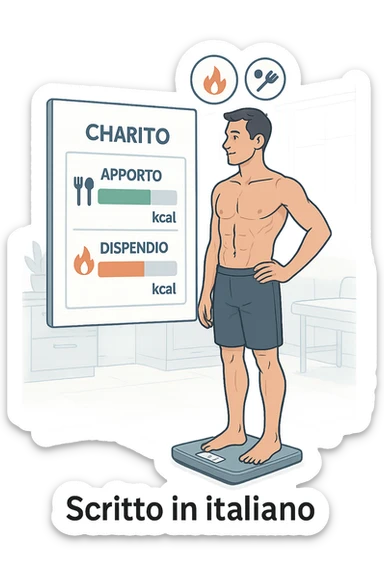 a man stands on a digital scale, looking at a nutrition chart that shows his daily calorie intake is lower than his energy expenditure. Floating icons above his head display a negative calorie balance, and his body appears slightly leaner, with visible muscle definition. The background is a modern clinic, emphasizing the concept of caloric deficit. scritto in italiano sticker