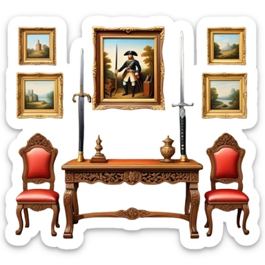 Icon for Antiques Collecting: vintage intricately carved furniture, famous paintings, antique swords, and rifles. The items are displayed on a wooden table or shelf. The icon should evoke the rich history and craftsmanship of antique collecting. Transparent background. sticker