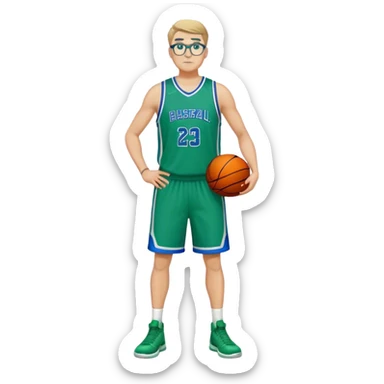full body heavy tall white male basketball wearing glasses in blue an green uniform sticker