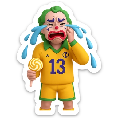 Make the ugly joker in the yellow jersey cry brutally out of envy, with exaggerated tears and a jealous, envious expression, still eating a lollipop, no background. Render in a style suitable for editing with transparent background. sticker