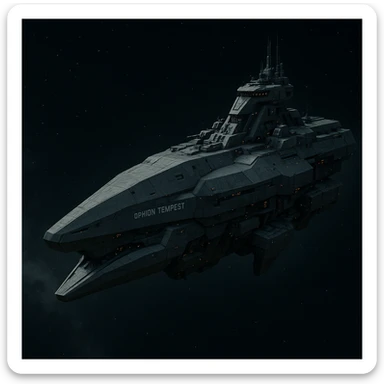 capital class space cruiser supercarrier of Zrian [human] origins, named the "Ophion Tempest"
The ship has a blocky military, yet sleek and angular design, mimicking a prehistoric sea-mammal or Cetacea  sticker