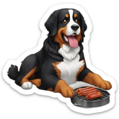 Bernese mountain dog eating a barbecue sticker