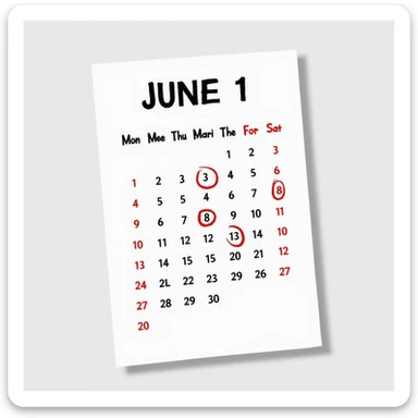 realistic calendar sheet, no background, with days from Monday June 1 to Saturday June 7 circled in red, no border, no shadow, just the sheet sticker
